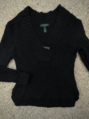 Lauren Ralph Lauren Women’s Sweater Black Medium Cotton Knit Toggle Closure Tusk
